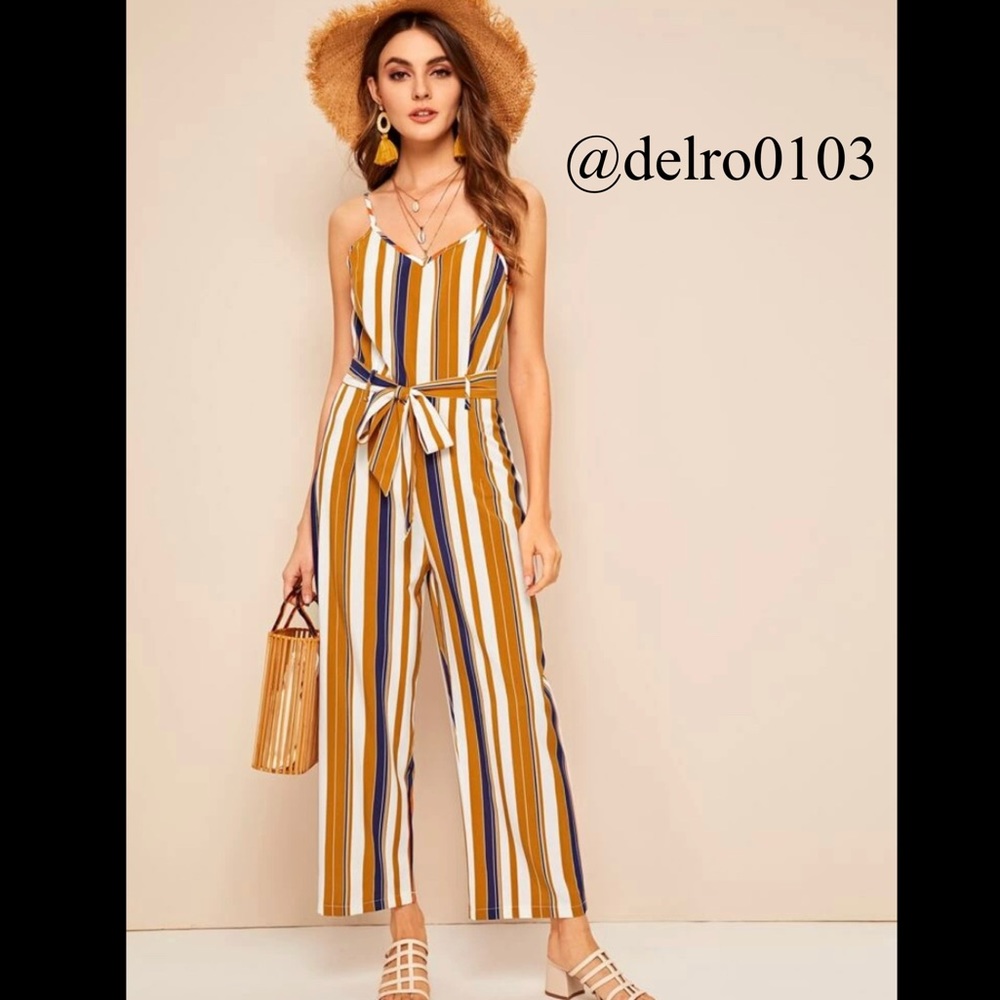 Yellow, Navy Blue, White - Striped Cami Jumpsuit